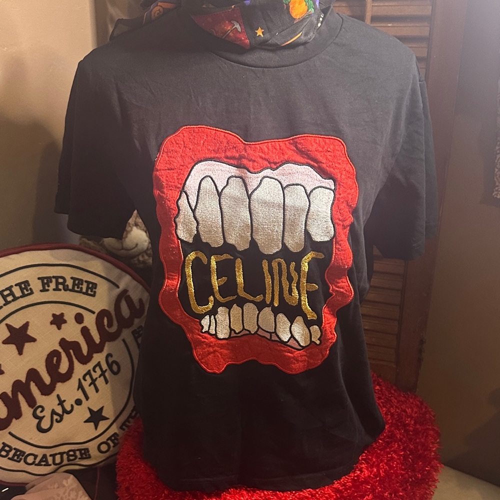 Celine Black Tee with Red and Gold Graphic